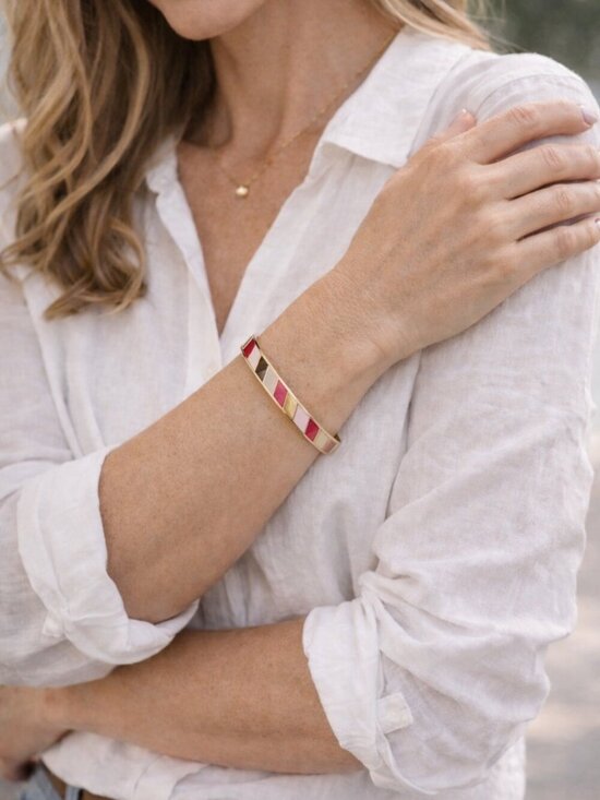 kate spade Jewelry - Kate Spade Multicolor Enamel Striped Bangle Bracelet Gold Tone Pink White
